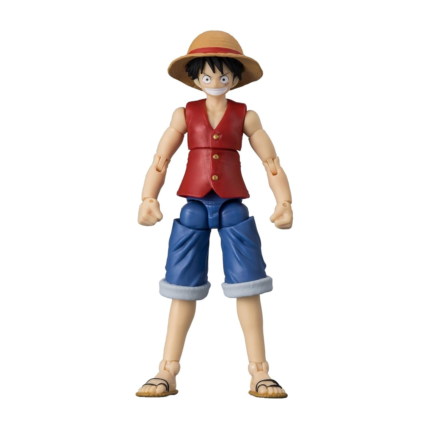 Una action figure di Rufy è in piedi davanti a uno sfondo bianco. Indossa un cappello di paglia, un gilet rosso, pantaloncini blu e sandali.