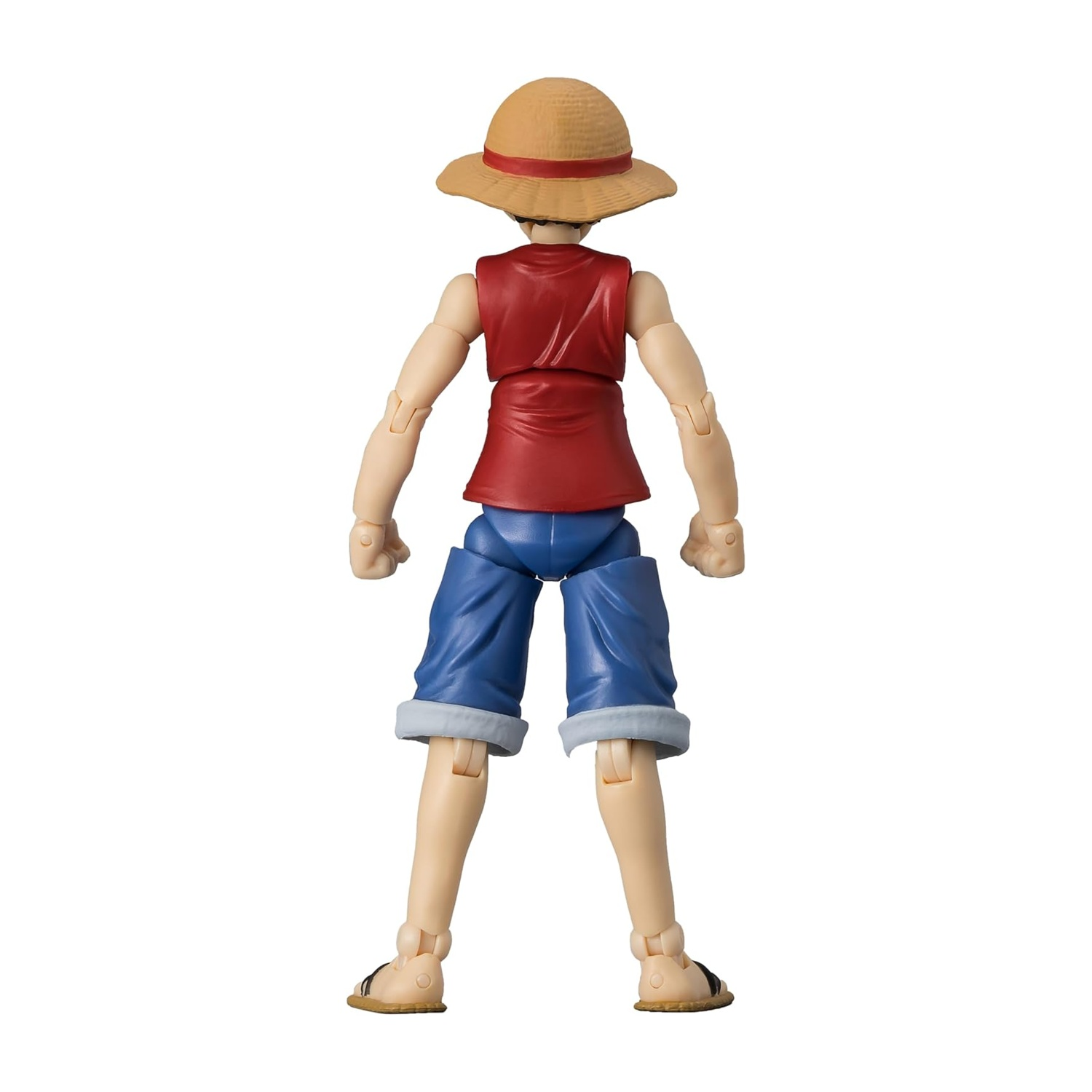 Vista posteriore di una figura con cappello di paglia, gilet rosso, pantaloncini blu e sandali, su sfondo bianco.