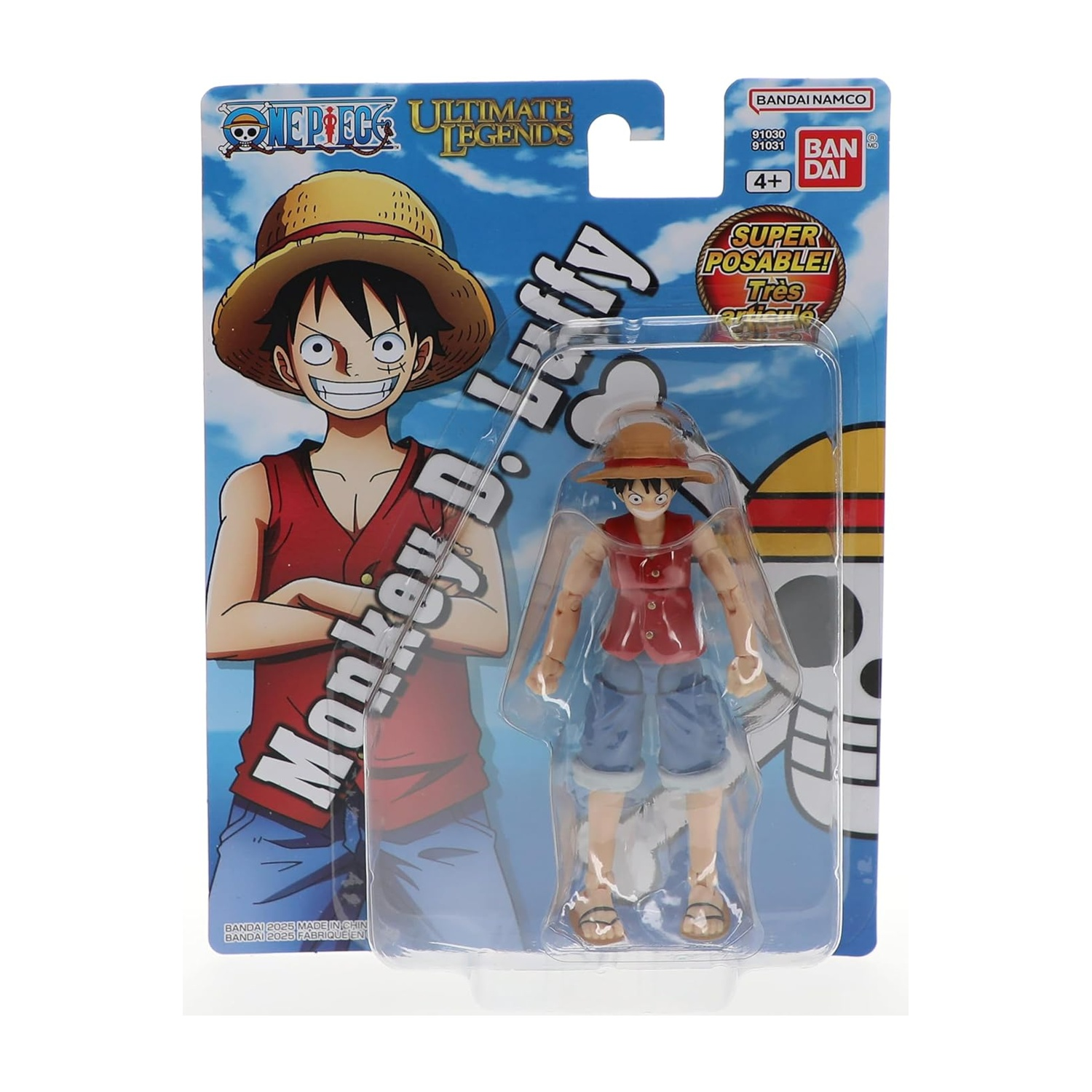 Una action figure di One Piece di Monkey D. Luffy in una confezione di plastica. Luffy indossa un gilet rosso, pantaloncini blu e un cappello di paglia.