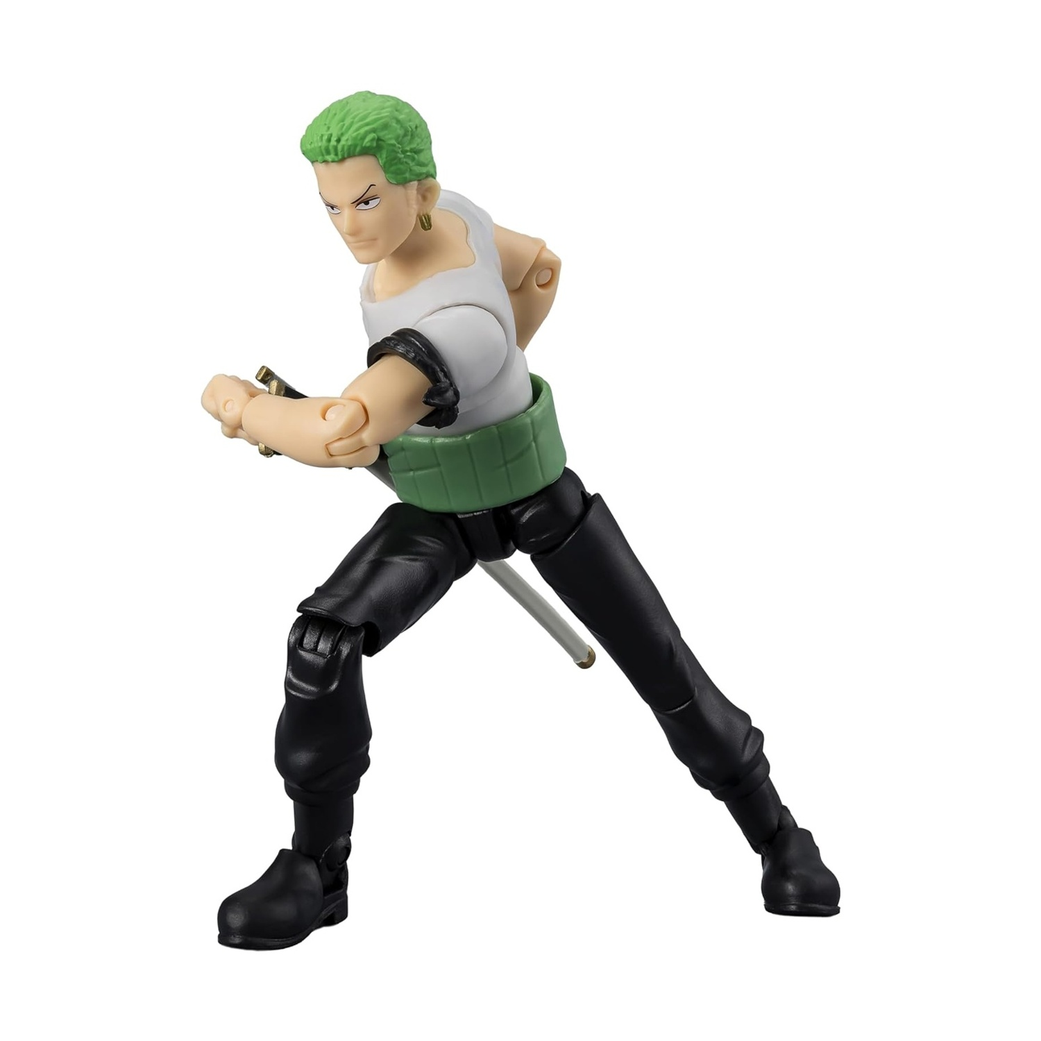 Una action figure di Zoro. Ha i capelli verdi, una maglietta bianca, pantaloni neri e una cintura verde. Sta impugnando una spada ed è in posizione di combattimento.