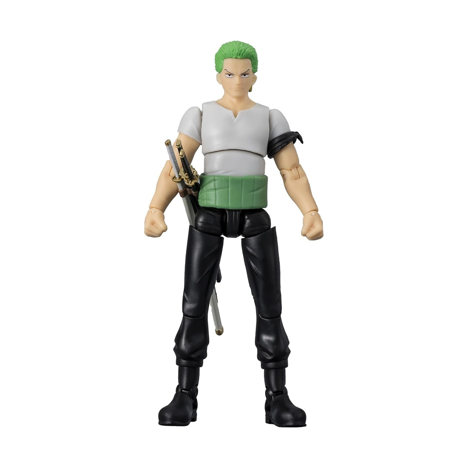Una figura di un uomo con capelli verdi, camicia bianca, pantaloni neri e cintura verde, che tiene delle spade. Lo sfondo è bianco.