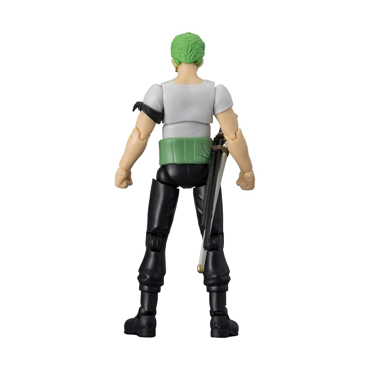 Action figure di un uomo con capelli verdi, camicia bianca, pantaloni neri e una spada. In piedi, vista posteriore.