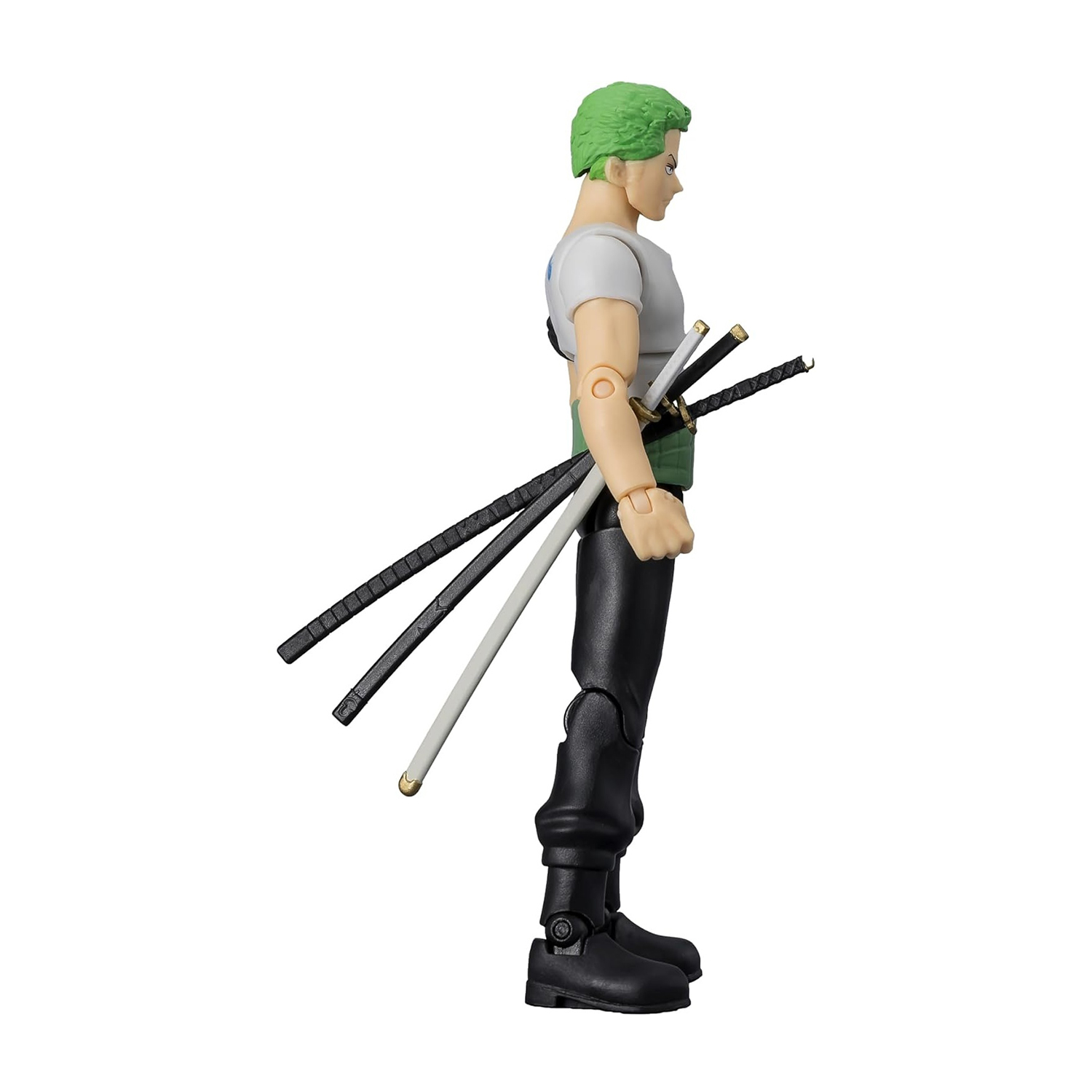 Una statuina di un uomo con i capelli verdi che tiene tre spade. Indossa pantaloni neri, stivali e una camicia bianca.