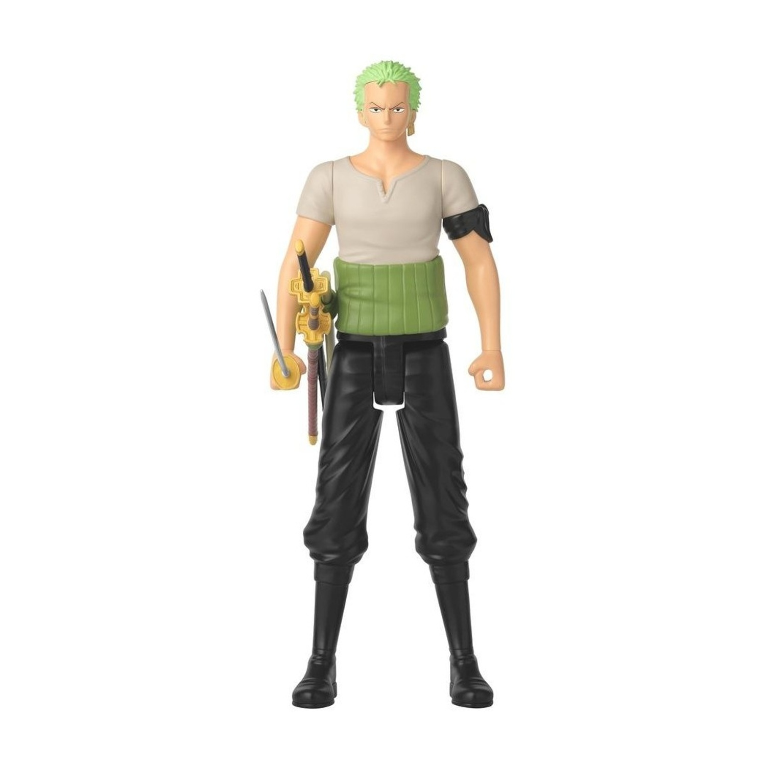 Una statuetta di Zoro di One Piece. Sta tenendo una spada. Ha i capelli verdi, una camicia bianca, pantaloni neri e una fascia verde.