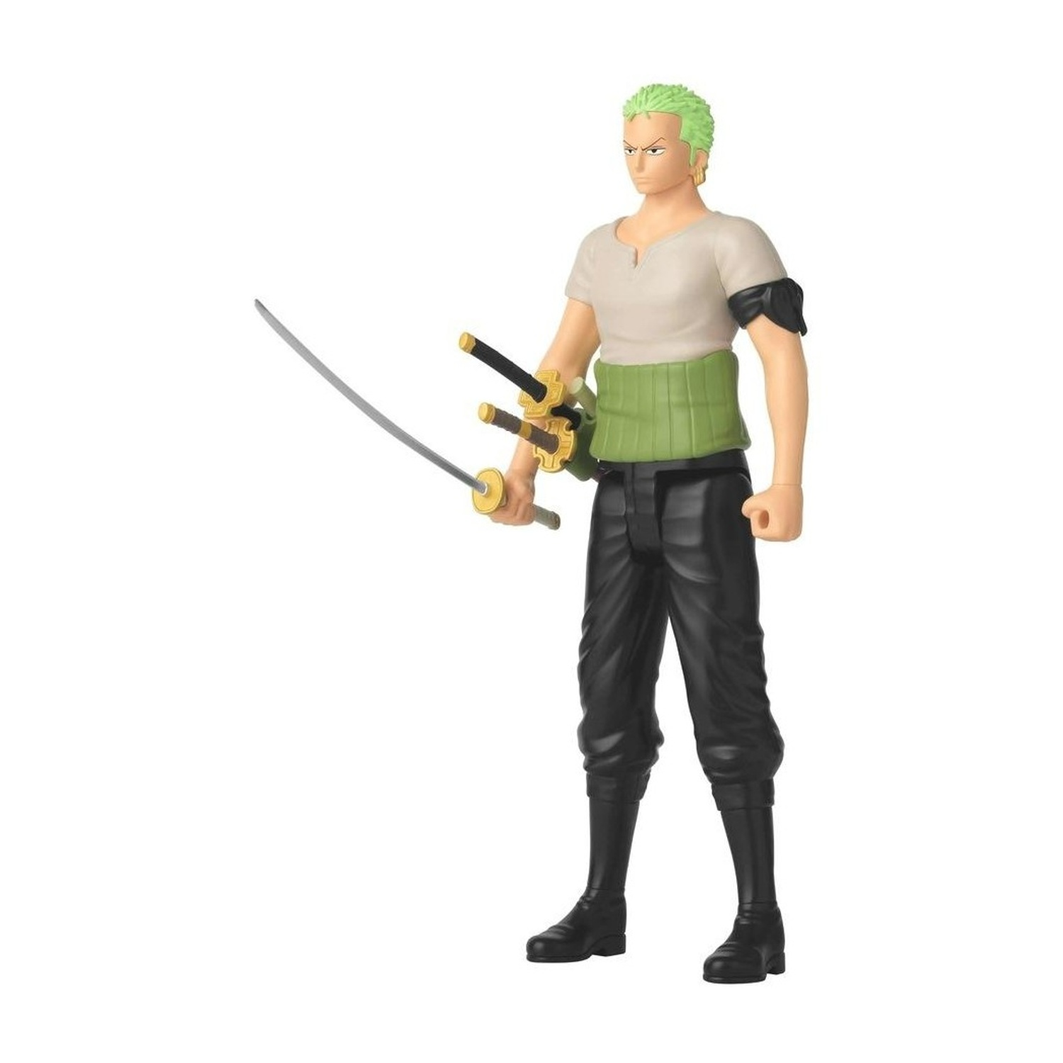 Una statuetta di un personaggio con i capelli verdi, che tiene una spada. Indossa pantaloni e stivali neri, una fascia verde e una camicia bianca.