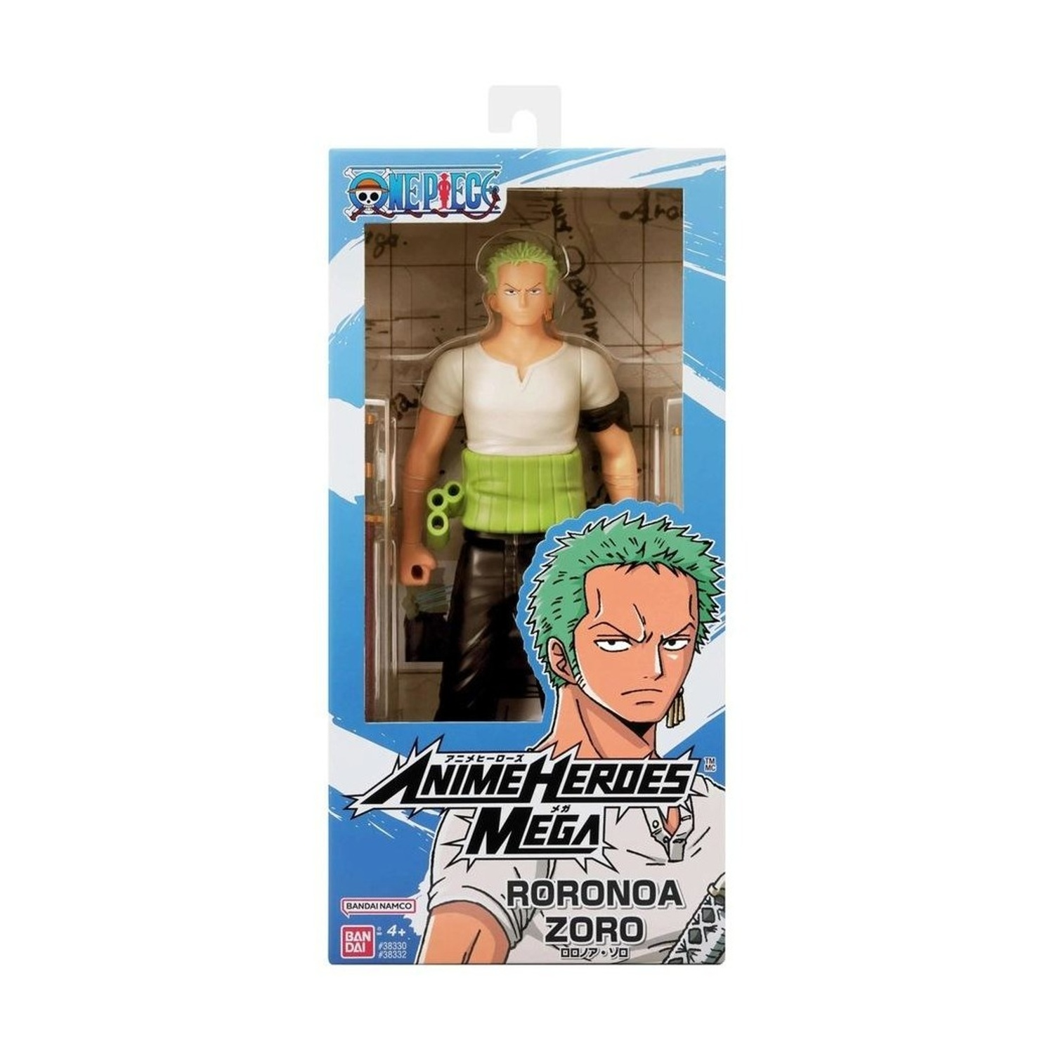 Action figure di Roronoa Zoro di One Piece in una scatola. La figura ha i capelli verdi, una camicia bianca e pantaloni neri. La scatola ha loghi.