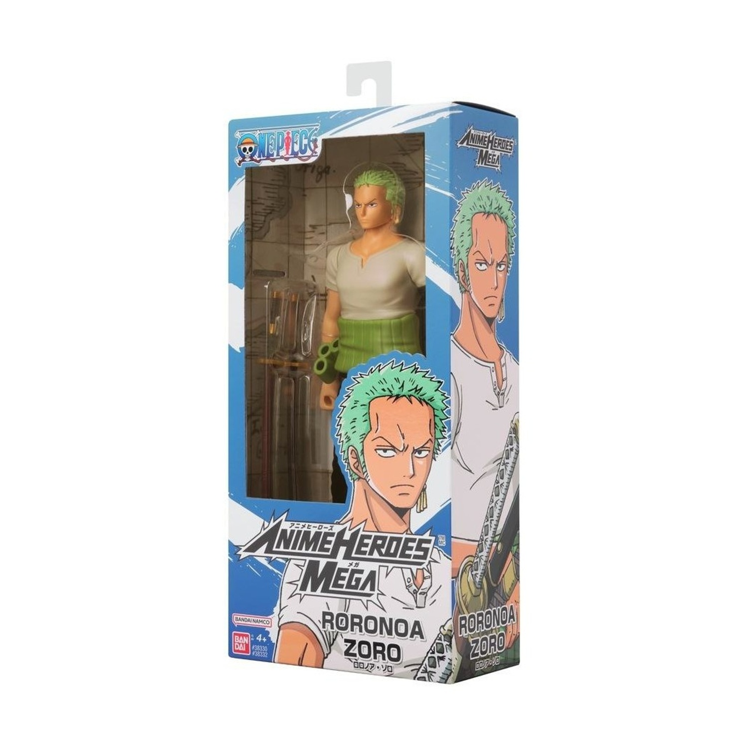 Una action figure di Roronoa Zoro è esposta nella sua scatola. L'illustrazione della scatola mostra immagini del personaggio e il logo Anime Heroes Mega.