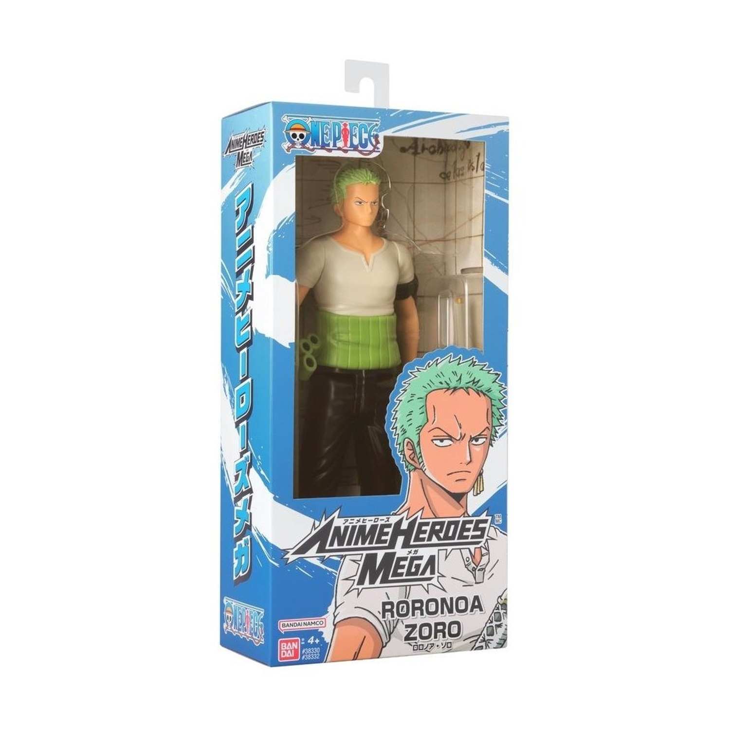 Una action figure di Roronoa Zoro in una scatola. La figura ha i capelli verdi, una camicia bianca, una cintura verde e pantaloni neri. La scatola presenta arte anime.