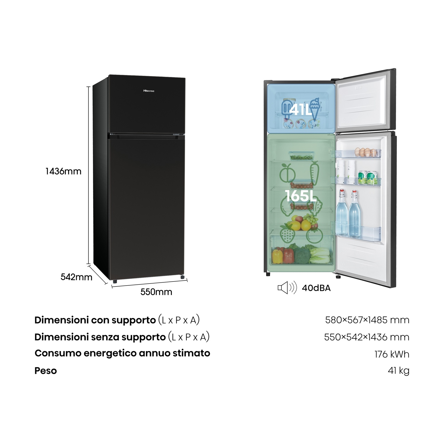 Frigorifero Hisense nero con porta aperta che mostra l'interno, compresi ripiani, generi alimentari ed etichette di capacità. Vengono mostrate anche le dimensioni.