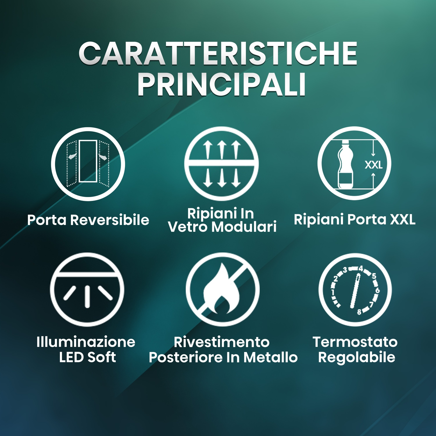 Icone bianche con testo su sfondo sfumato. Le caratteristiche includono porta reversibile, ripiani in vetro modulari e termostato regolabile.