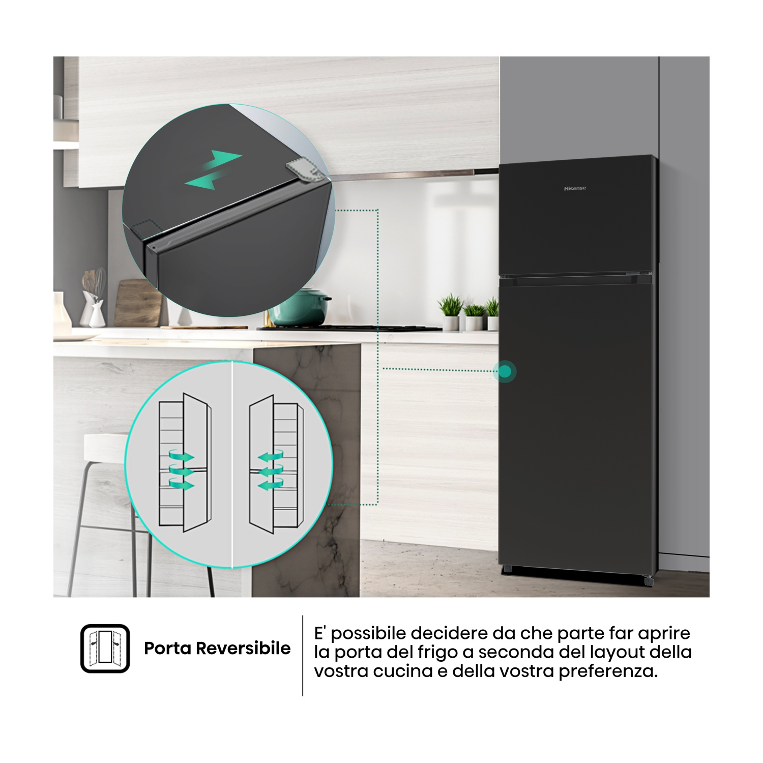 Un frigorifero Hisense nero. L'immagine mostra le opzioni di apertura della porta. La porta reversibile può essere regolata.