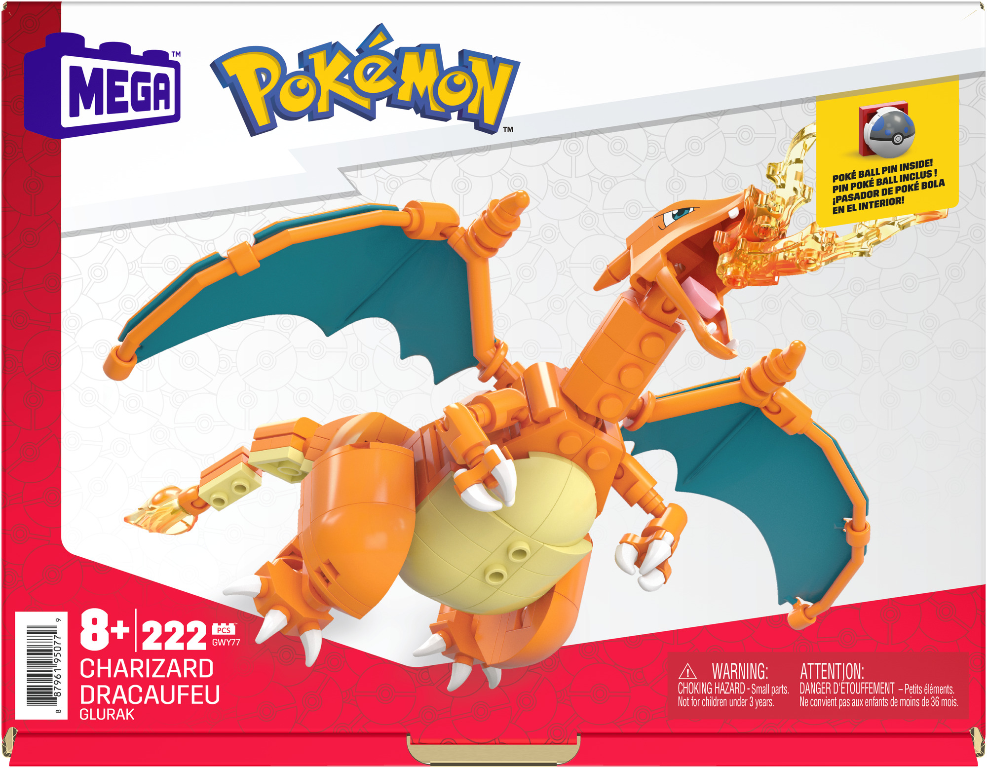 Ein Lego-Charizard-Spielzeug wird gezeigt. Es ist orange mit blauen Flügeln und einem gelben Bauch. Die Box hat das Mega Pokemon-Logo.