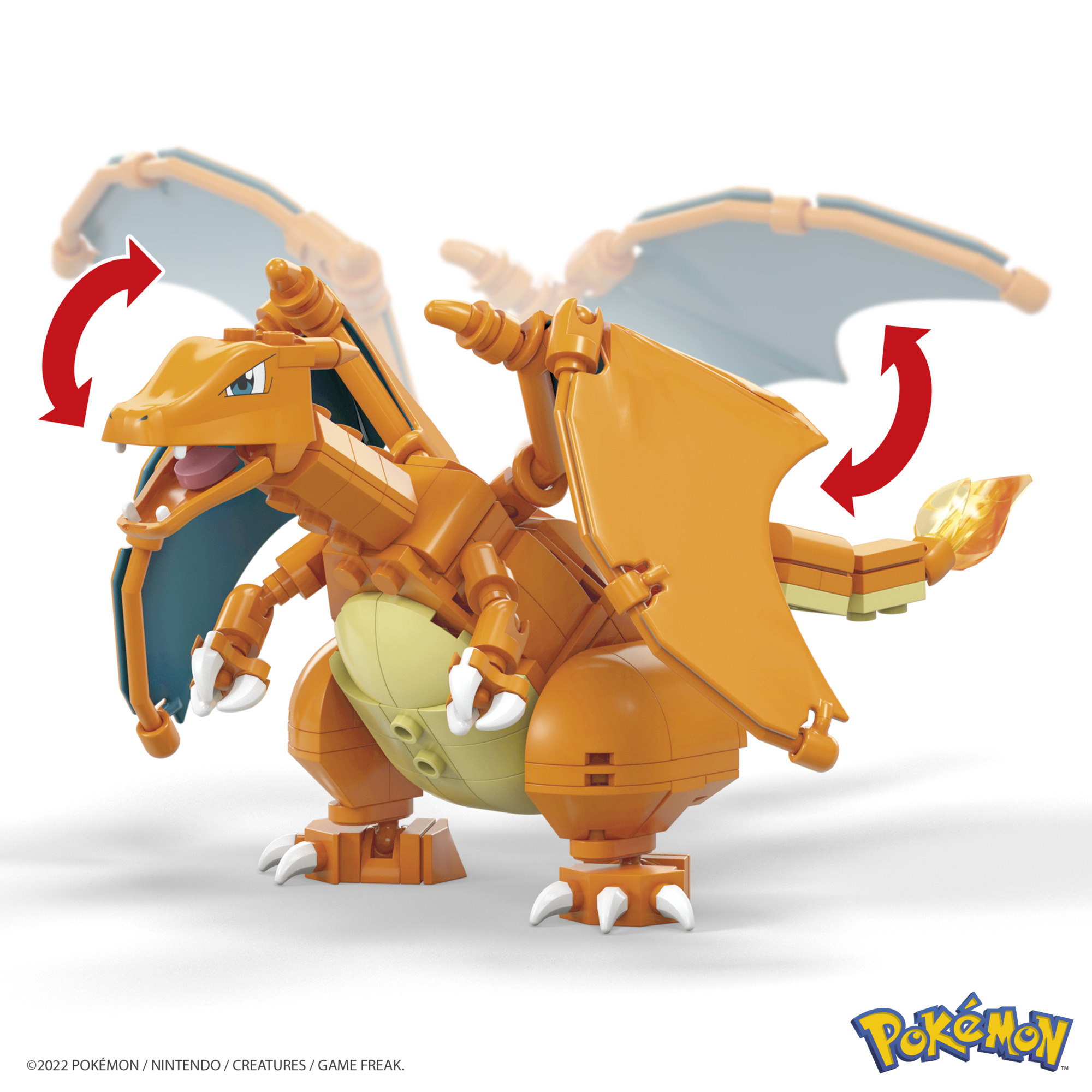 Eine Lego-Charizard-Figur. Sie ist orange mit blauen Flügeln. Pfeile zeigen die Flügelbewegung. Der Hintergrund ist weiß.