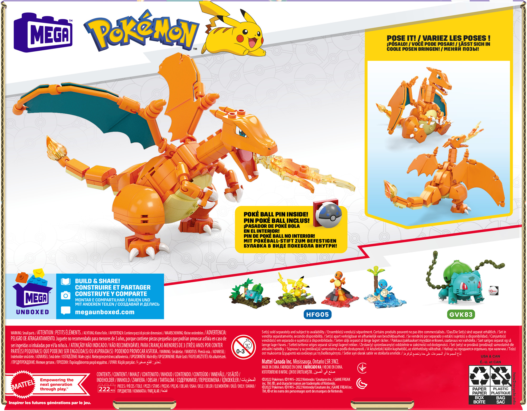 Box zeigt ein Charizard-Spielzeug. Außerdem gibt es Bilder anderer Pokemon-Charaktere.