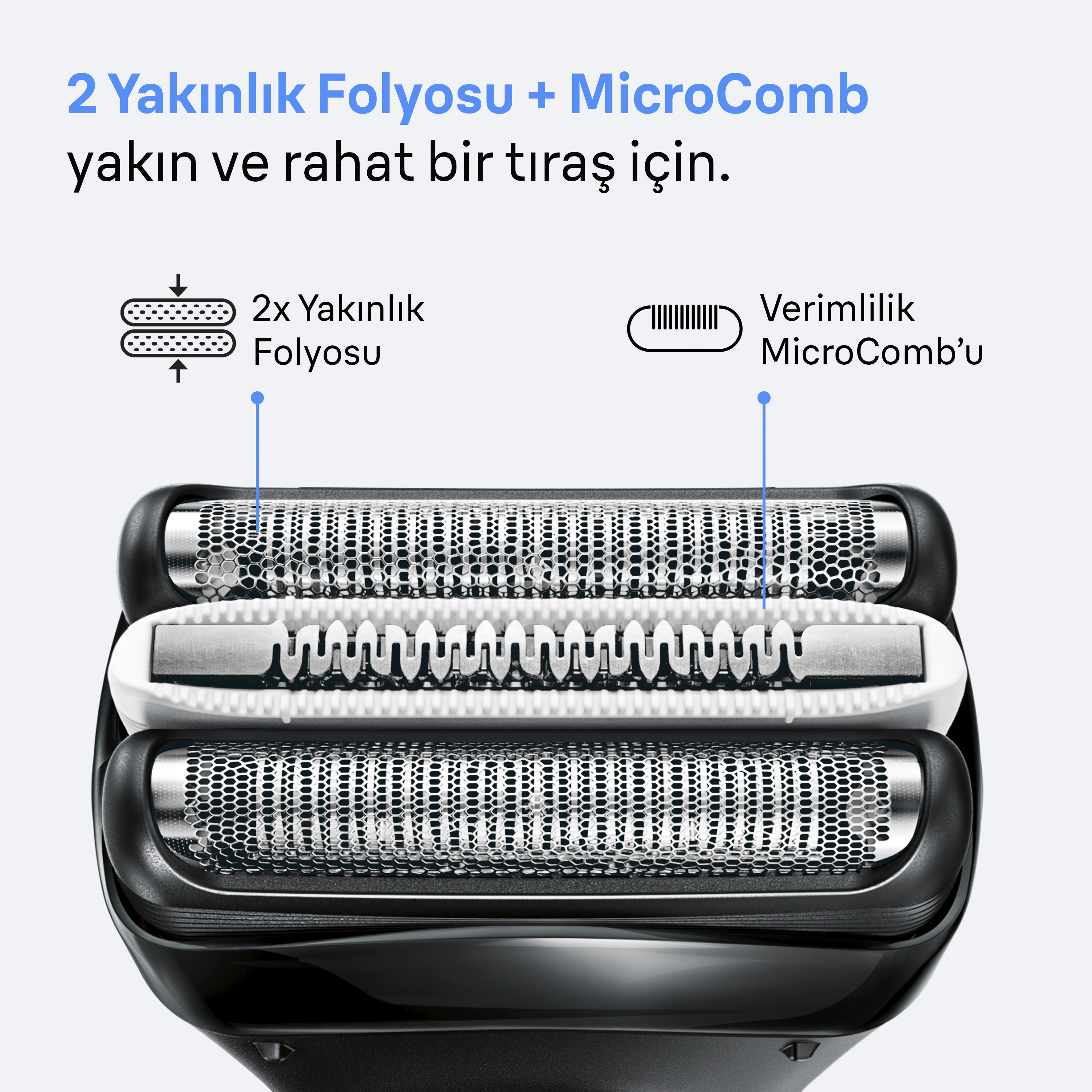 İki folyo ve MicroComb'lu tıraş makinesi başlığının yakın çekimi. Türkçe metin yakın ve rahat bir tıraşı teşvik ediyor.