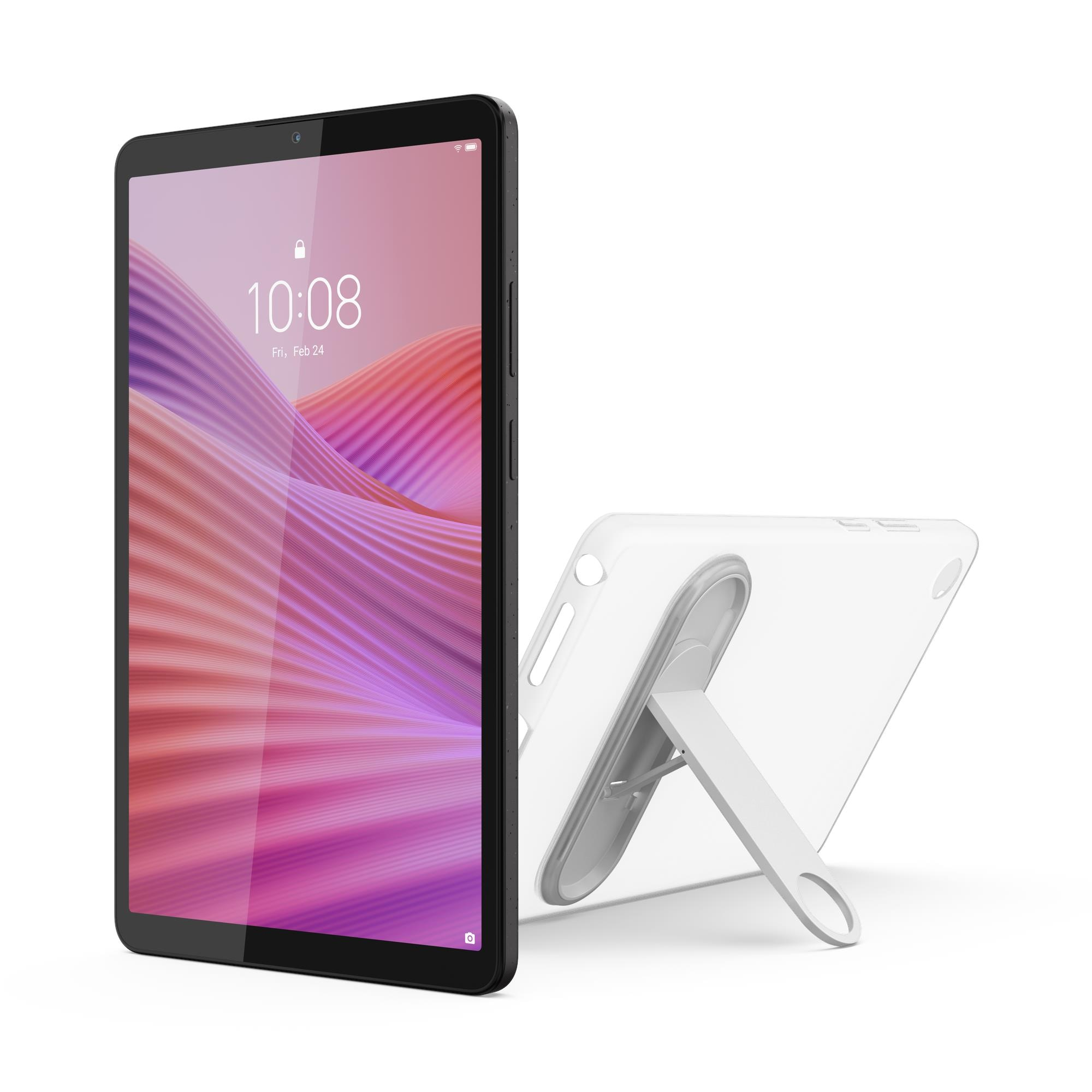 Ein schwarzes Tablet zeigt 10:08 Uhr an, neben einem weißen Ständer und einer durchsichtigen Hülle. Weißer Hintergrund.
