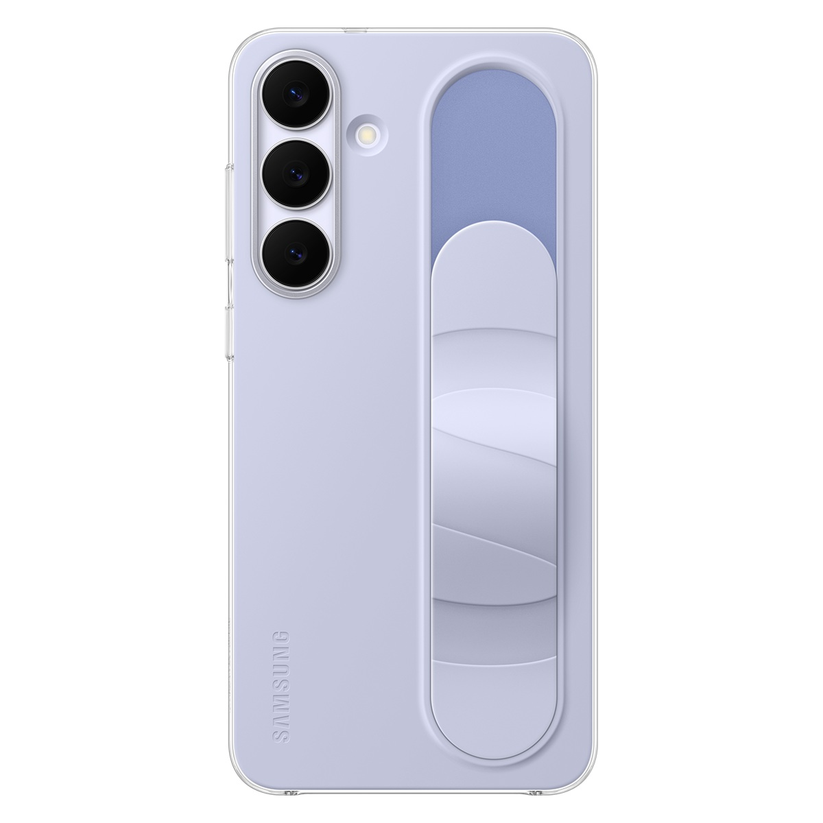 Lilac bir Samsung telefon kılıfı ve tutacağı. Kılıf, şeffaf bir çerçeveye ve beyaz ve mavi tonlarında dikey bir tutma tasarımına sahiptir.