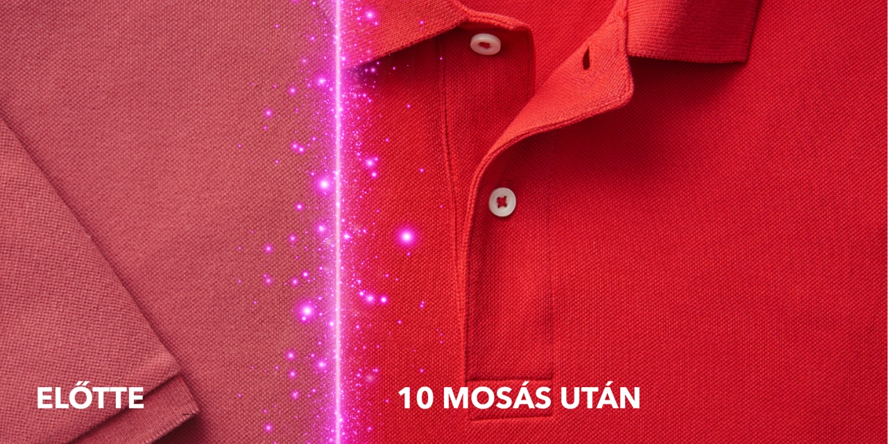 Piros póló összehasonlítása 10 mosás előtt és után. A bal oldala fakó, a jobb oldala élénk.