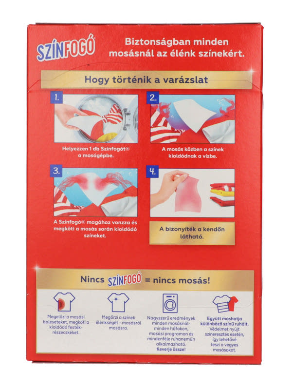 Piros doboz mosási útmutatóval, amely egy terméket mutat, ami a mosógépben a ruhákból színeket szív fel.
