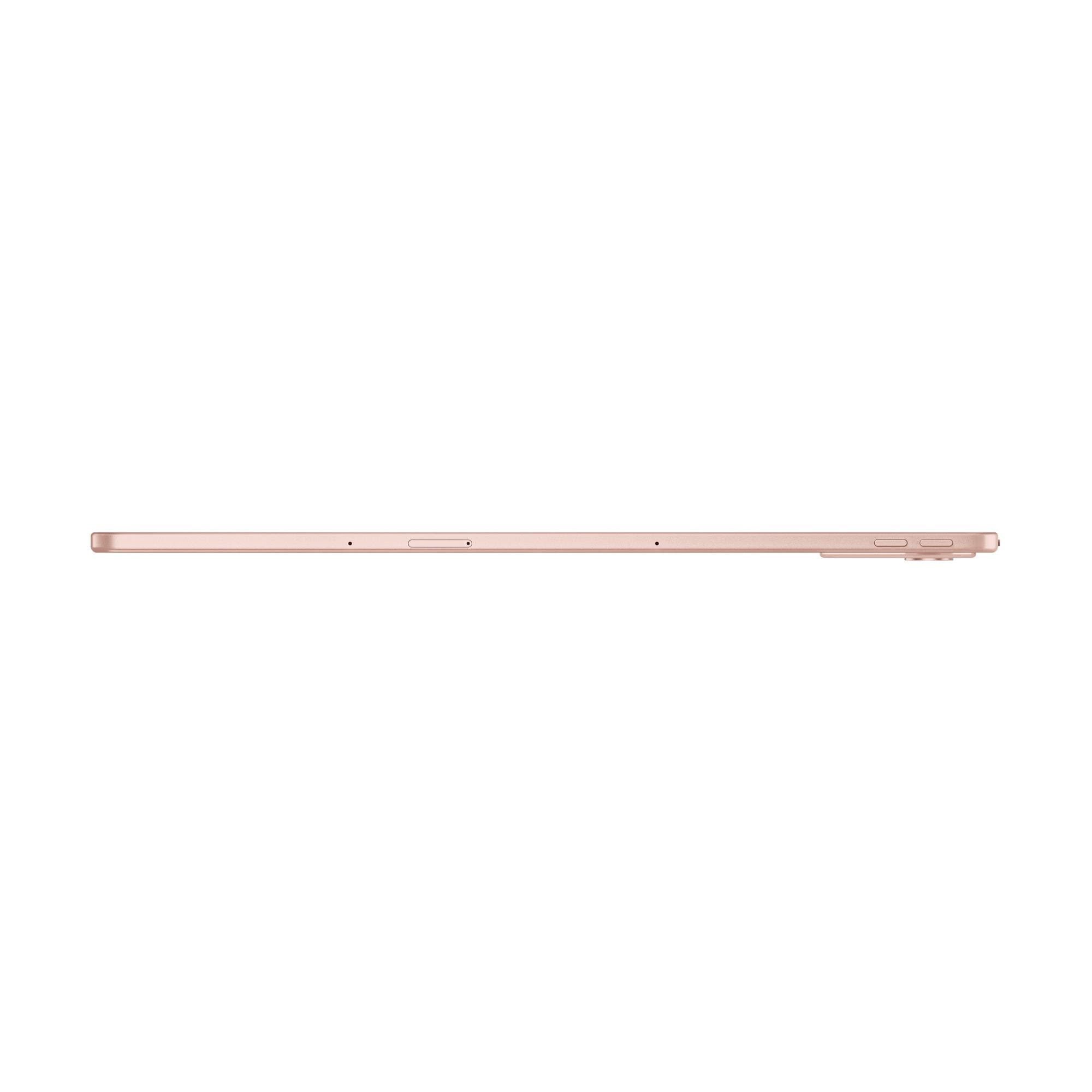 Seitenansicht eines roségoldenen Tablets. Ein-/Ausschalter, Lautstärketasten und ein Mikrofonanschluss sind sichtbar.