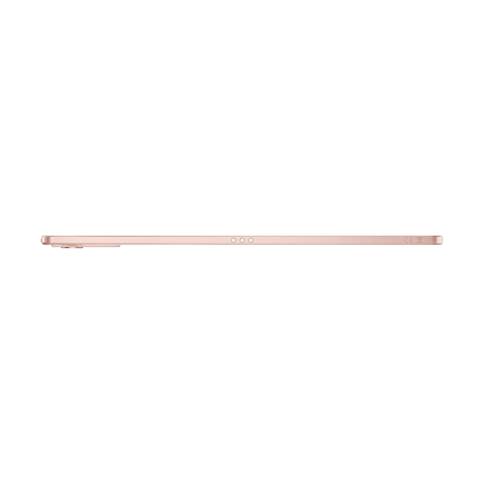 Seitenansicht eines roségoldenen Tablets. Es hat drei kleine Löcher und eine CE-Kennzeichnung.