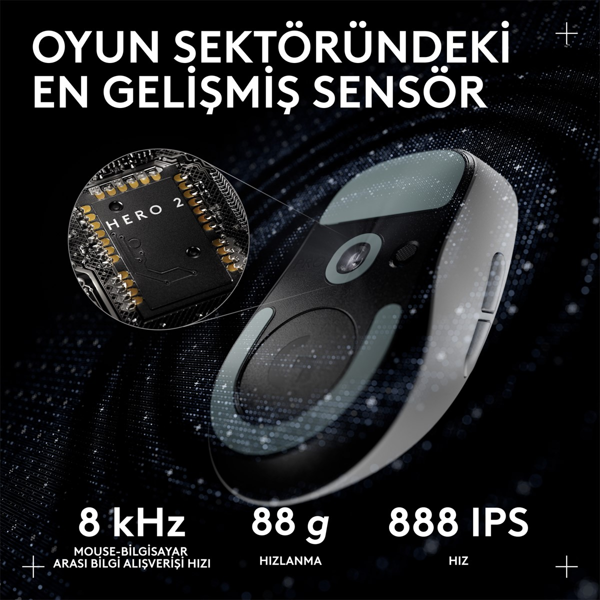 Detaylı bir devre kartına sahip siyah ve gri bir oyun faresi. Metin, 8 kHz, 88g ve 888 IPS gibi özellikleri ve 'OYUN SEKTÖRÜNDEKİ EN GELİŞMİŞ SENSÖR' metnini vurgular.
