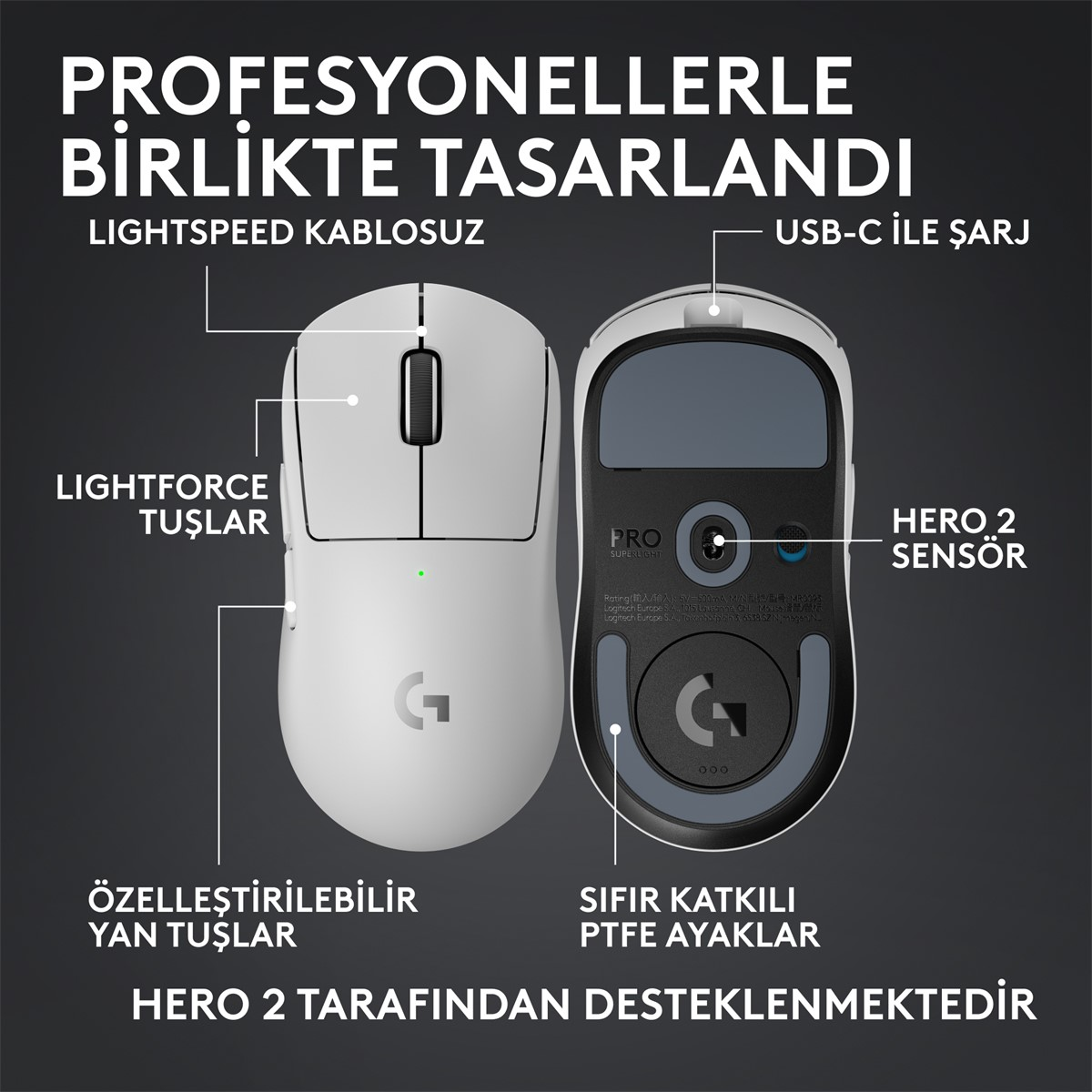 Beyaz ve siyah Logitech Pro Superlight fare. Lightspeed kablosuz, Lightforce tuşları, Hero 2 sensörü ve özelleştirilebilir yan tuşlar içerir.