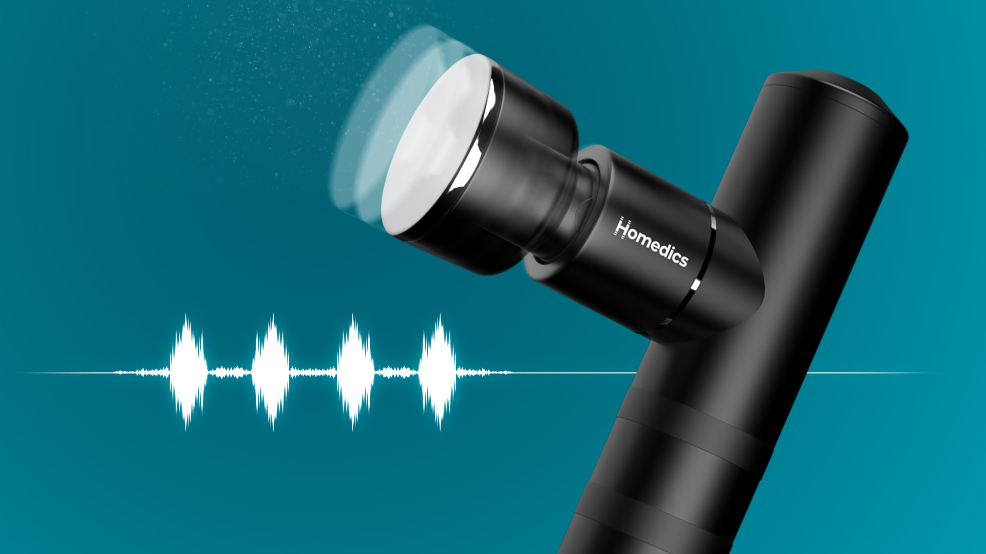 Czarny i srebrny mikrofon z marką "Homedics" jest pokazany na niebieskim tle z białą falą dźwiękową.