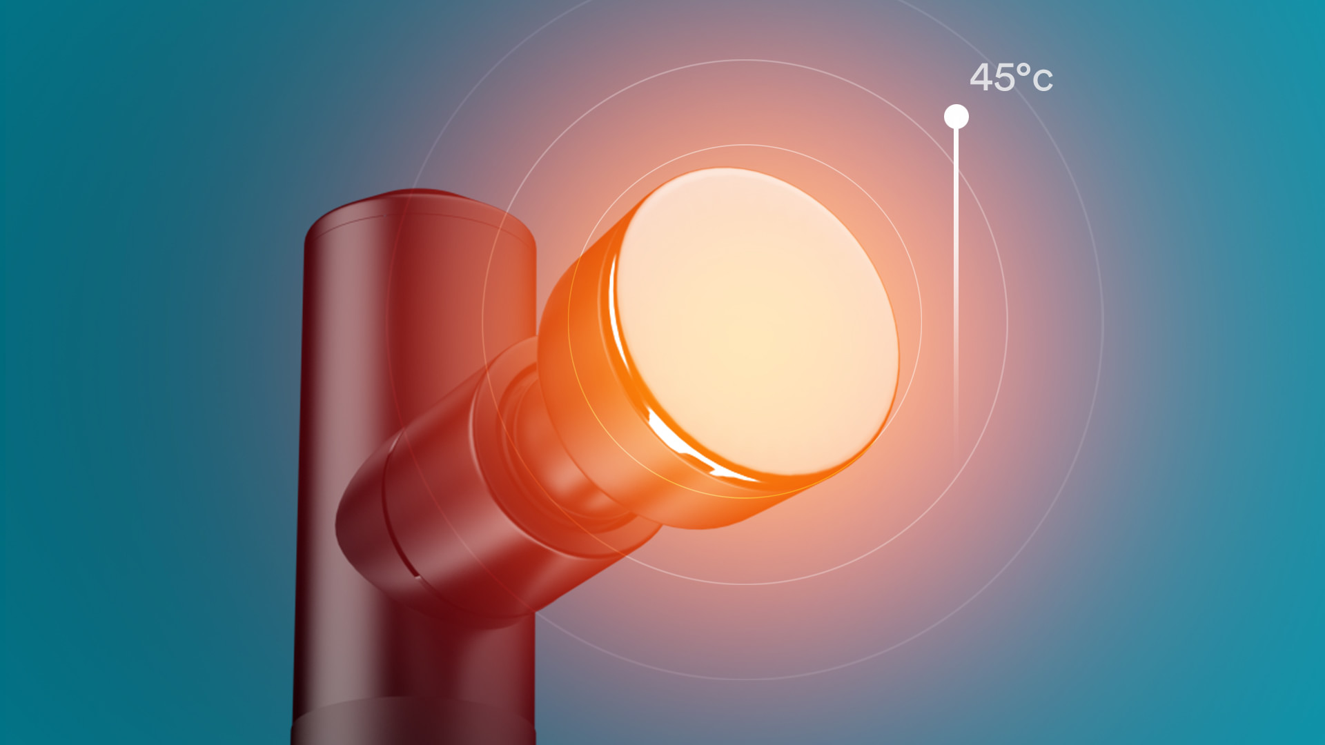 Obraz przedstawia czerwoną rurę z pomarańczowym, świecącym końcem, z wyświetlaczem temperatury pokazującym 45°C. Tło to gradient od turkusu do pomarańczowego.