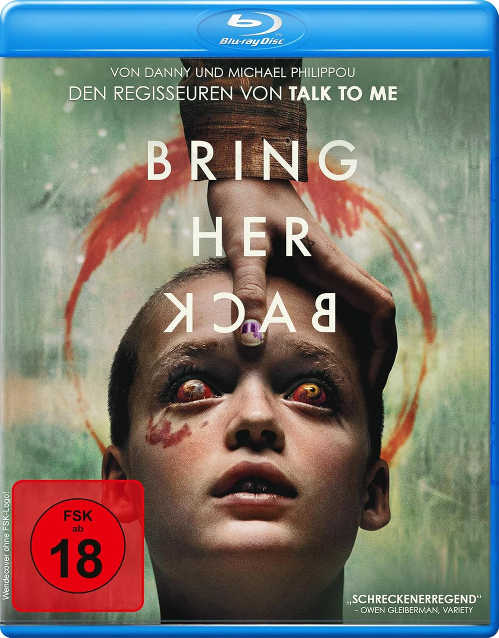 Blu-ray-Cover mit einem Gesicht, leuchtenden Augen und dem Text 'BRING HER BACK'. Ein FSK 18-Sticker ist sichtbar.