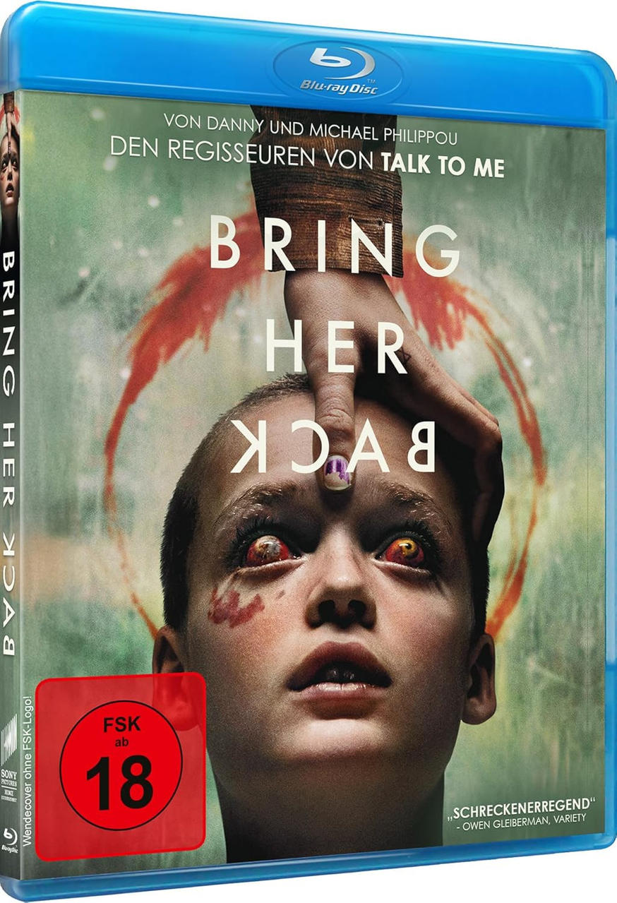 Blu-ray-Cover mit einem jungen Menschen mit roten Augen. Eine Hand berührt ihren Kopf. Der Text lautet 'Bring Her Back'.