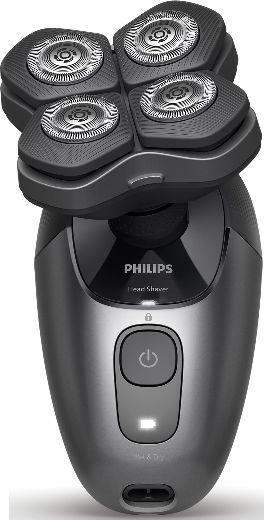 Ein Philips-Kopfrasierer mit vier Rasierköpfen wird angezeigt. Er ist dunkelgrau, mit einem Ein-Aus-Schalter und einer Batteriestandsanzeige.