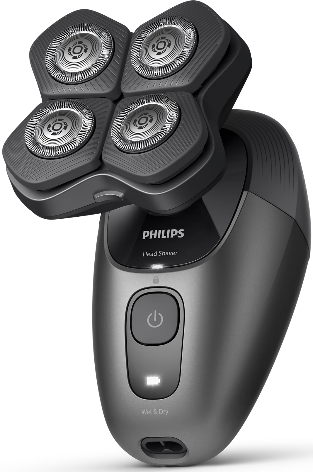 Ein Philips-Kopfrasierer mit vier rotierenden Köpfen. Er hat einen Einschaltknopf, eine Batteriestandsanzeige und die Aufschrift 'Wet & Dry'.