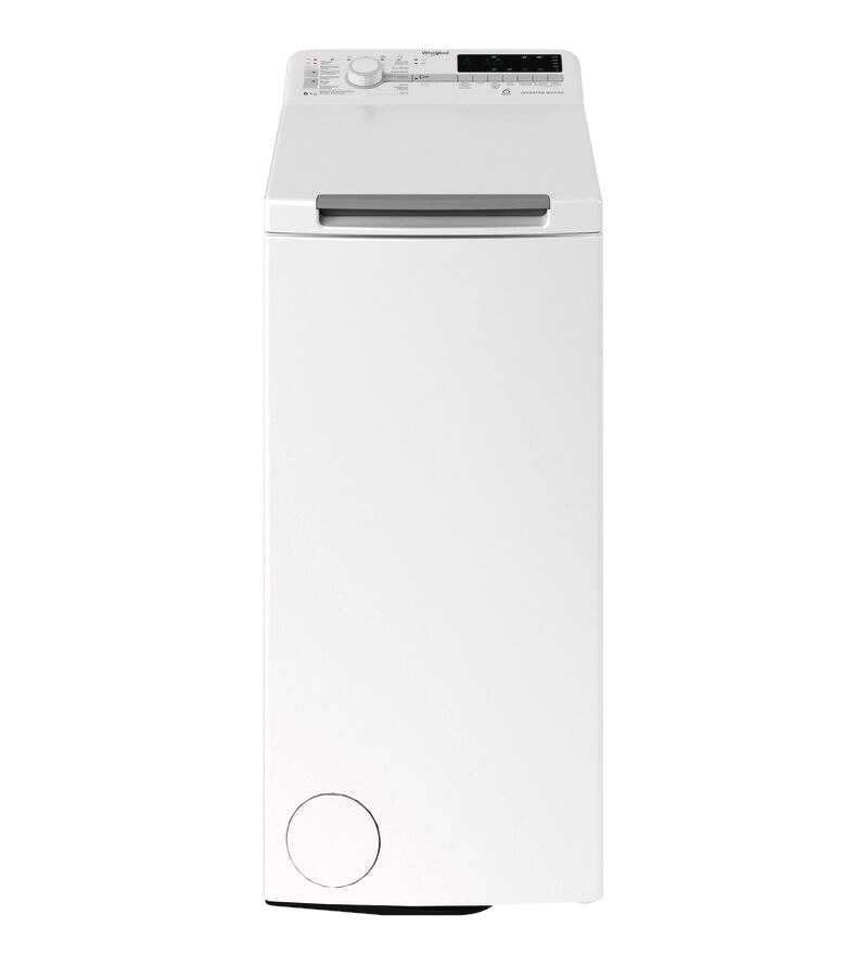 Un lave-linge Whirlpool blanc sur fond noir. Il a un panneau de commande en haut et une porte circulaire en bas.