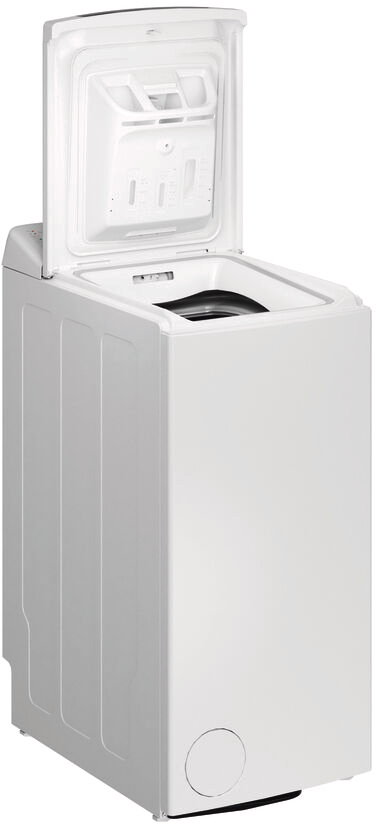 Une machine à laver blanche avec le couvercle ouvert. Le compartiment intérieur est visible. La machine est sur fond blanc.