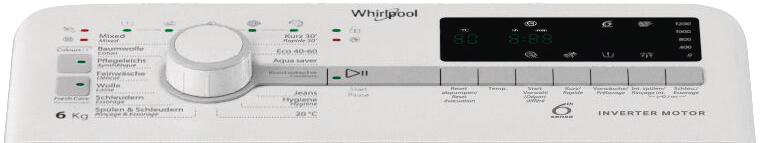 Panneau de commande blanc de lave-linge Whirlpool avec boutons, un cadran et un affichage numérique indiquant les réglages et l'heure.