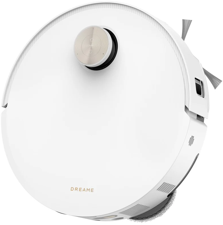 Ein weißer Roboter-Staubsauger. Er hat eine kreisförmige Form mit einem goldenen Knopf oben. Der Markenname 'DREAME' ist sichtbar.