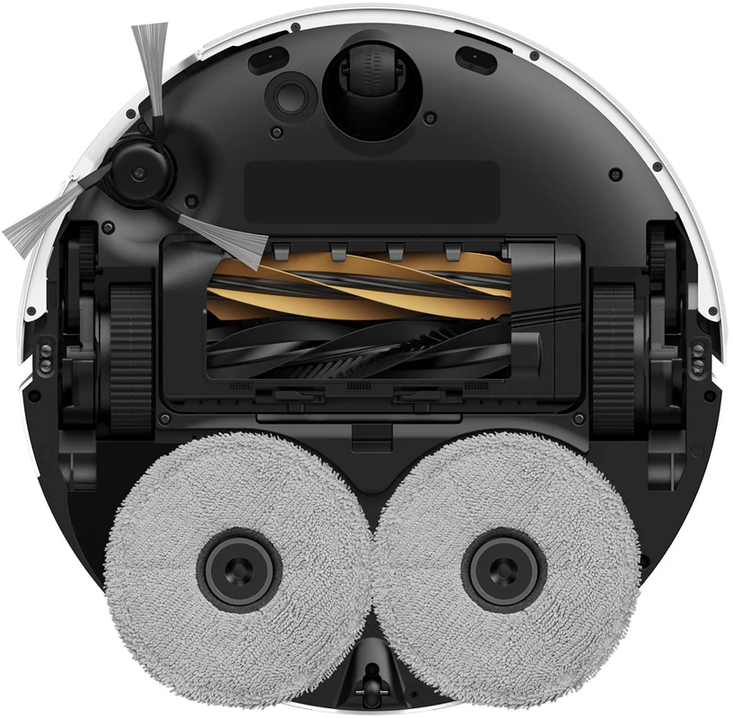 Roboter-Staubsauger von oben. Weißes und schwarzes Gehäuse mit rotierenden Bürsten, Reinigungsrollen und zwei grauen Wischpads.