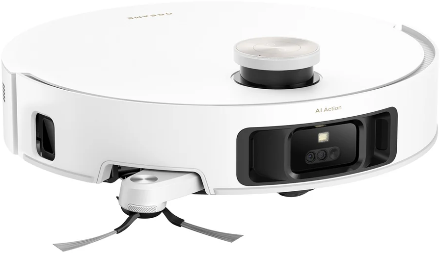 Ein weißer Roboterstaubsauger mit kreisförmigem Design, mit einem zentralen Sensor und einer nach vorne gerichteten Kamera.