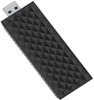 Chiavetta USB nera angolata, con superficie a motivi e connettore USB blu.