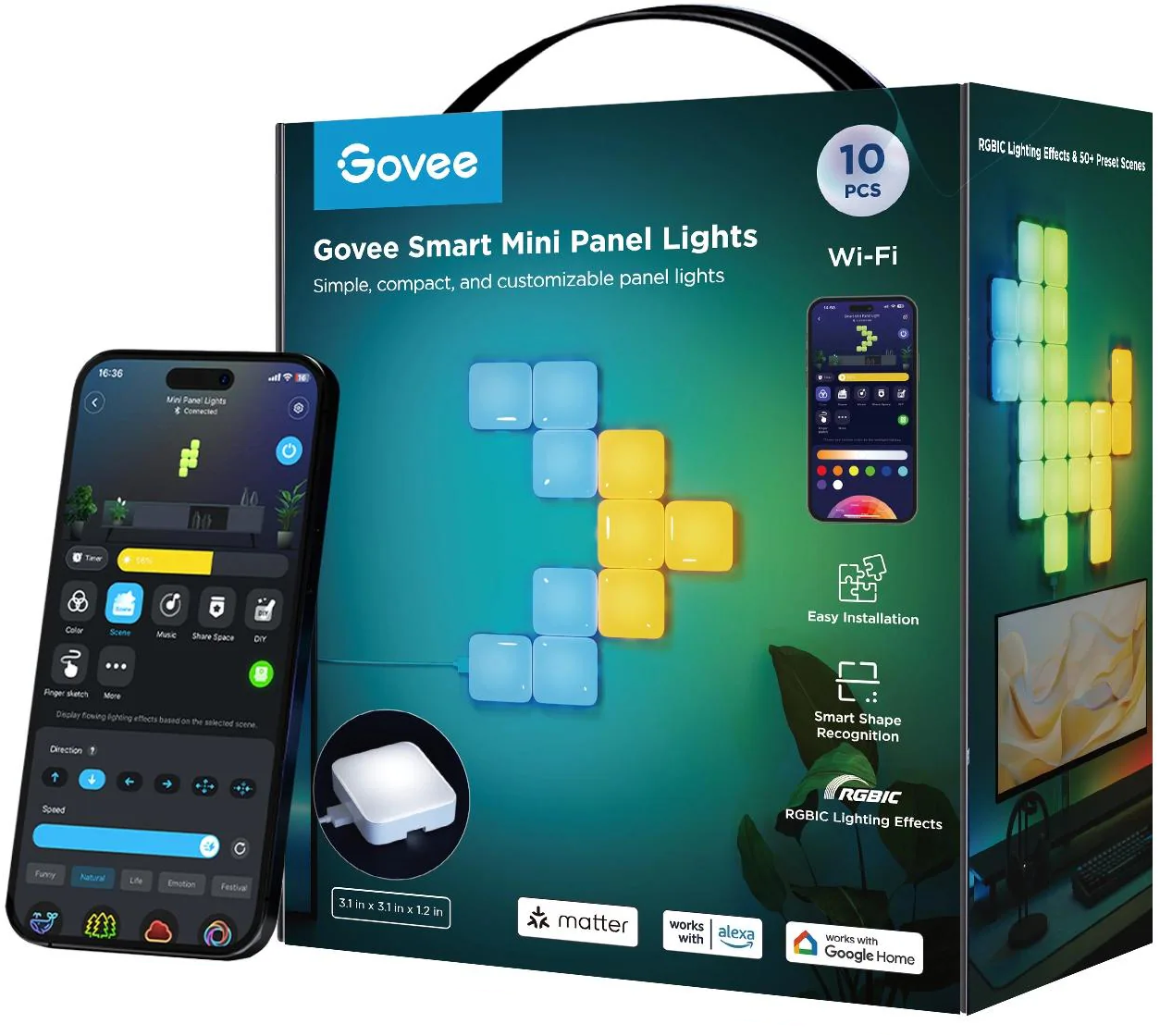 Una scatola di luci a pannello Govee Smart Mini, con uno smartphone che mostra i controlli dell'app e una dimostrazione delle luci.