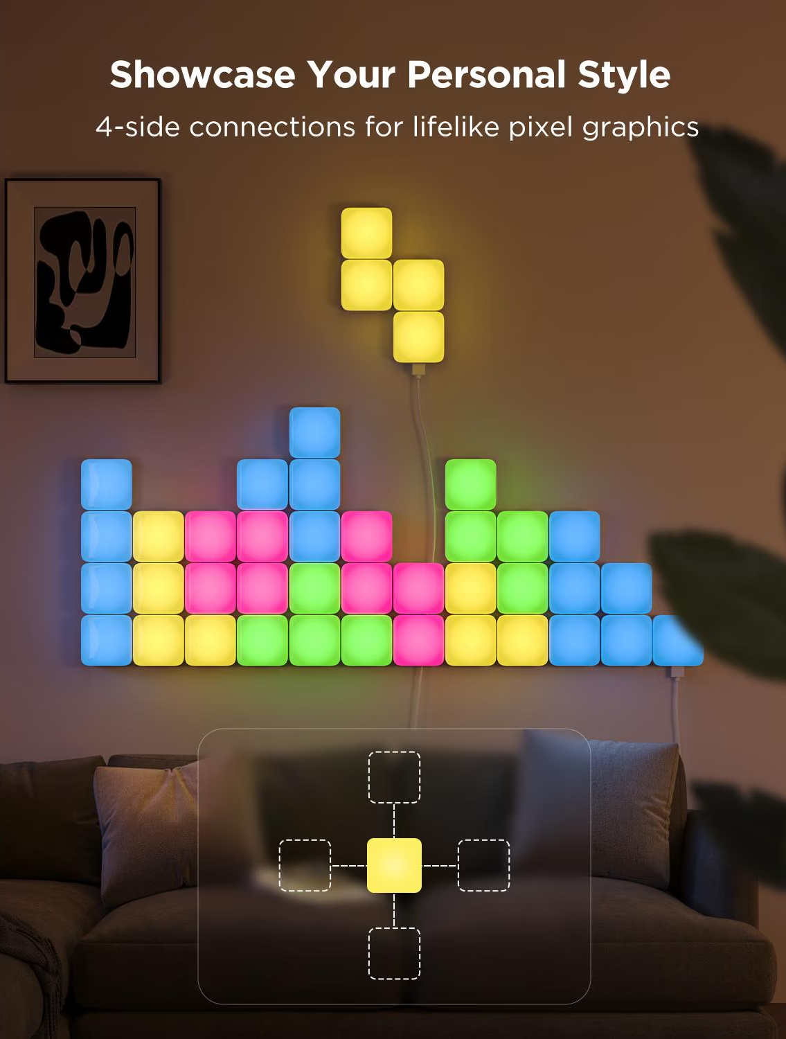 Blocchi luminosi a LED colorati sul muro. Un divano in primo piano. Un'opera d'arte incorniciata è visibile a sinistra.