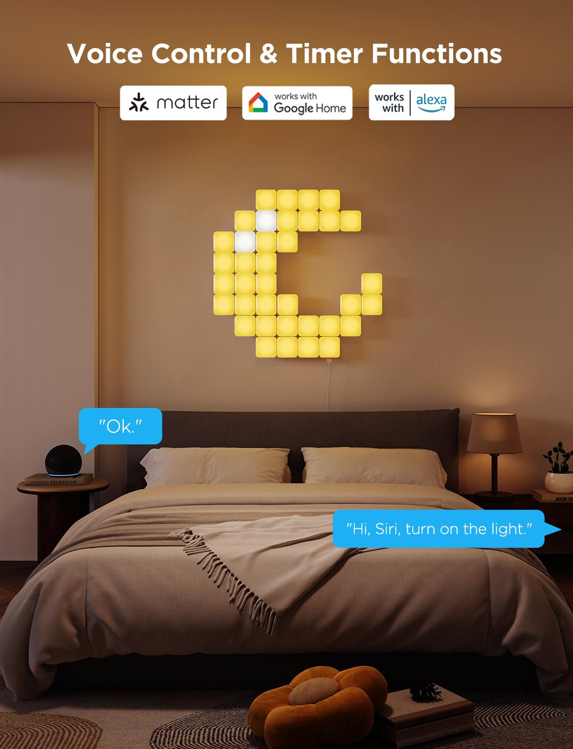 Una scena di camera da letto mostra una luce intelligente a forma di luna, controllata tramite comandi vocali tramite Siri.