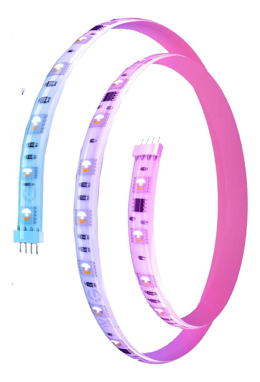 Una striscia LED arrotolata con gradiente da blu a viola. Ha LED contrassegnati e connettori. Lo sfondo è nero.