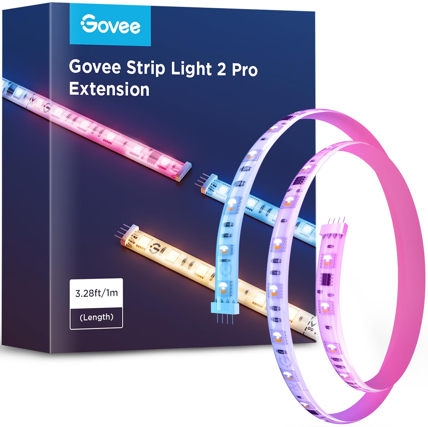 Scatola Govee Strip Light 2 Pro Extension con strisce luminose LED colorate, lunghezza 3,28 piedi/1 m.