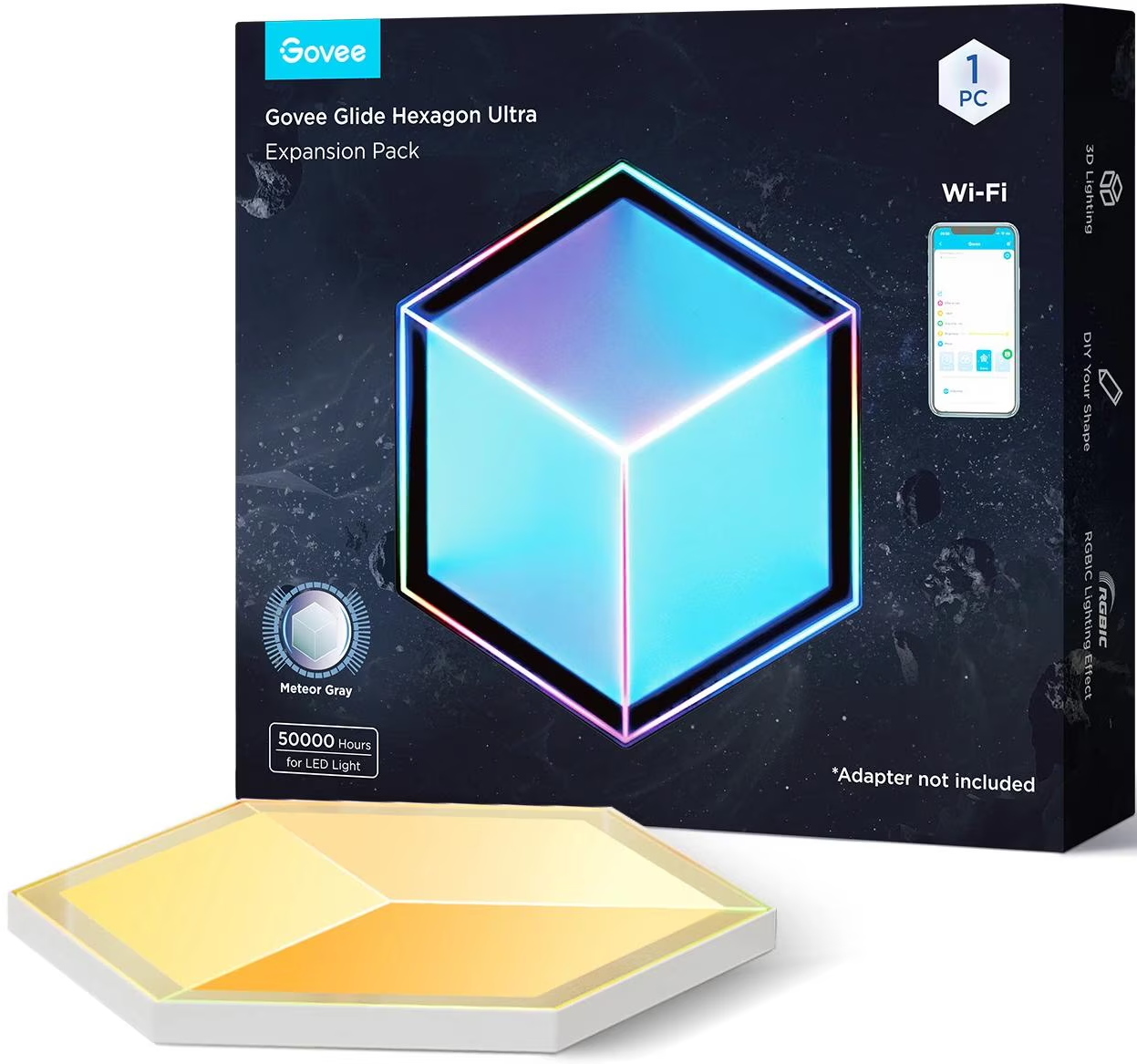 Scatola con Govee Glide Hexagon Ultra, mostra un cubo colorato. Sotto, un pannello luminoso esagonale. Testo include Wi-Fi e dettagli LED.