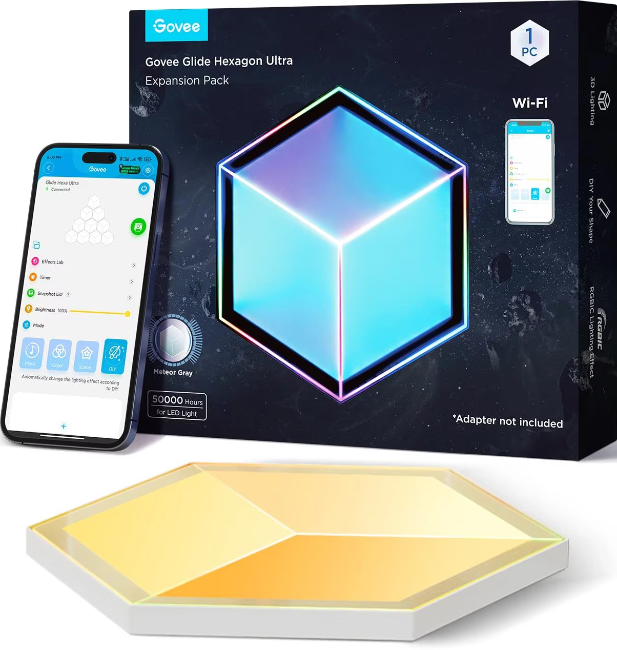 Scatola Govee Glide Hexagon Ultra Expansion Pack con telefono che mostra i controlli dell'app e pannello luminoso esagonale.