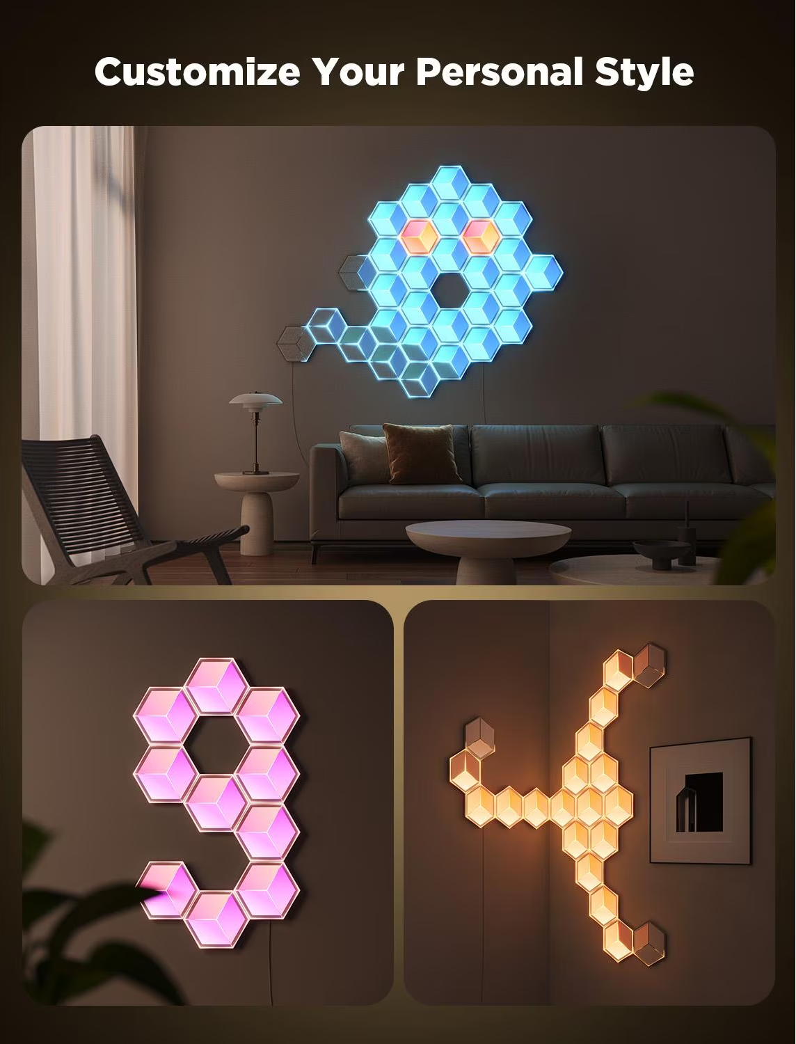 Un soggiorno con un display luminoso a parete. I display sono a forma esagonale in blu, rosa e arancione. Divano, sedia e tavolo.