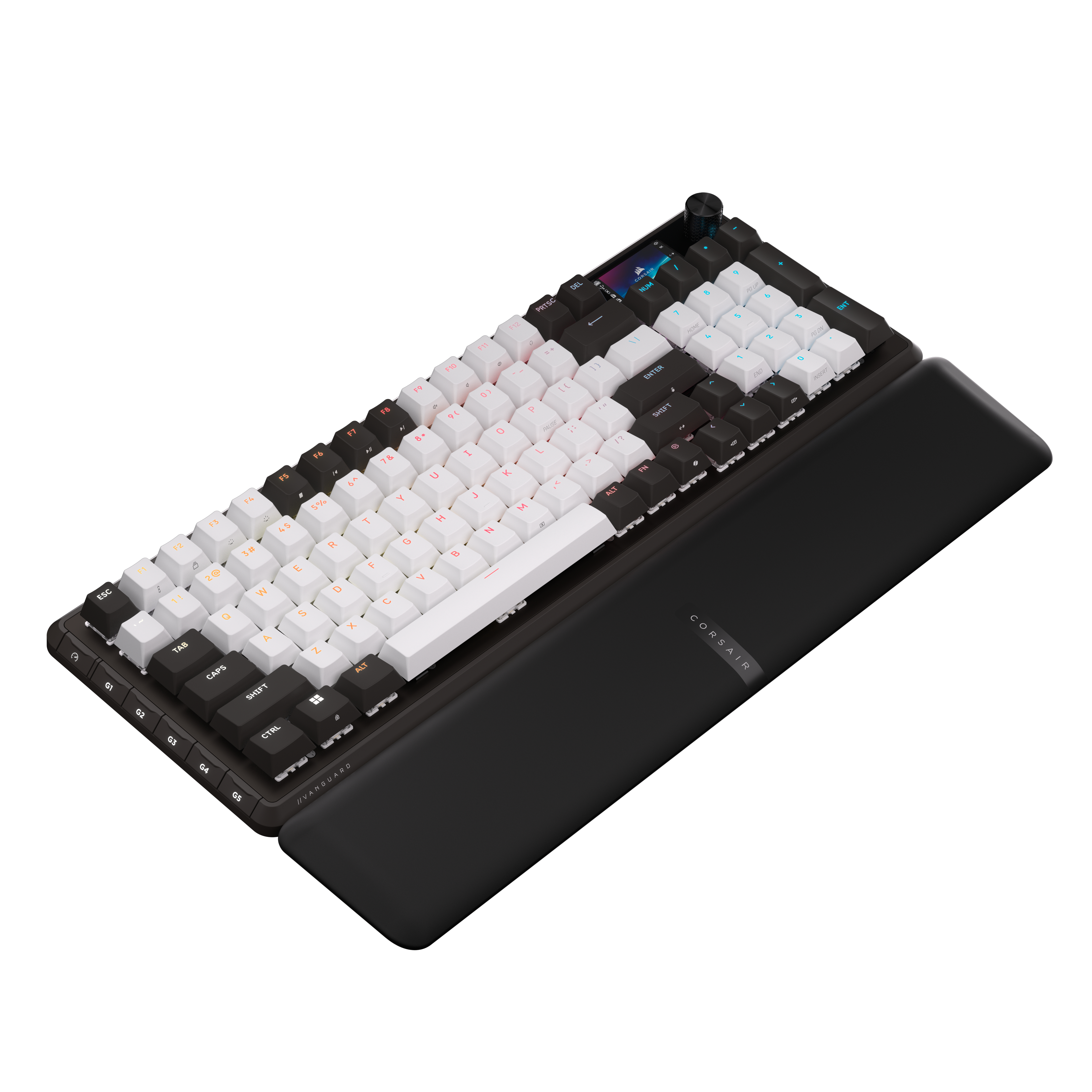 Eine schwarz-weiße Tastatur mit Handballenauflage. Tasten sind weiß und schwarz mit verschiedenen Symbolen und Buchstaben.