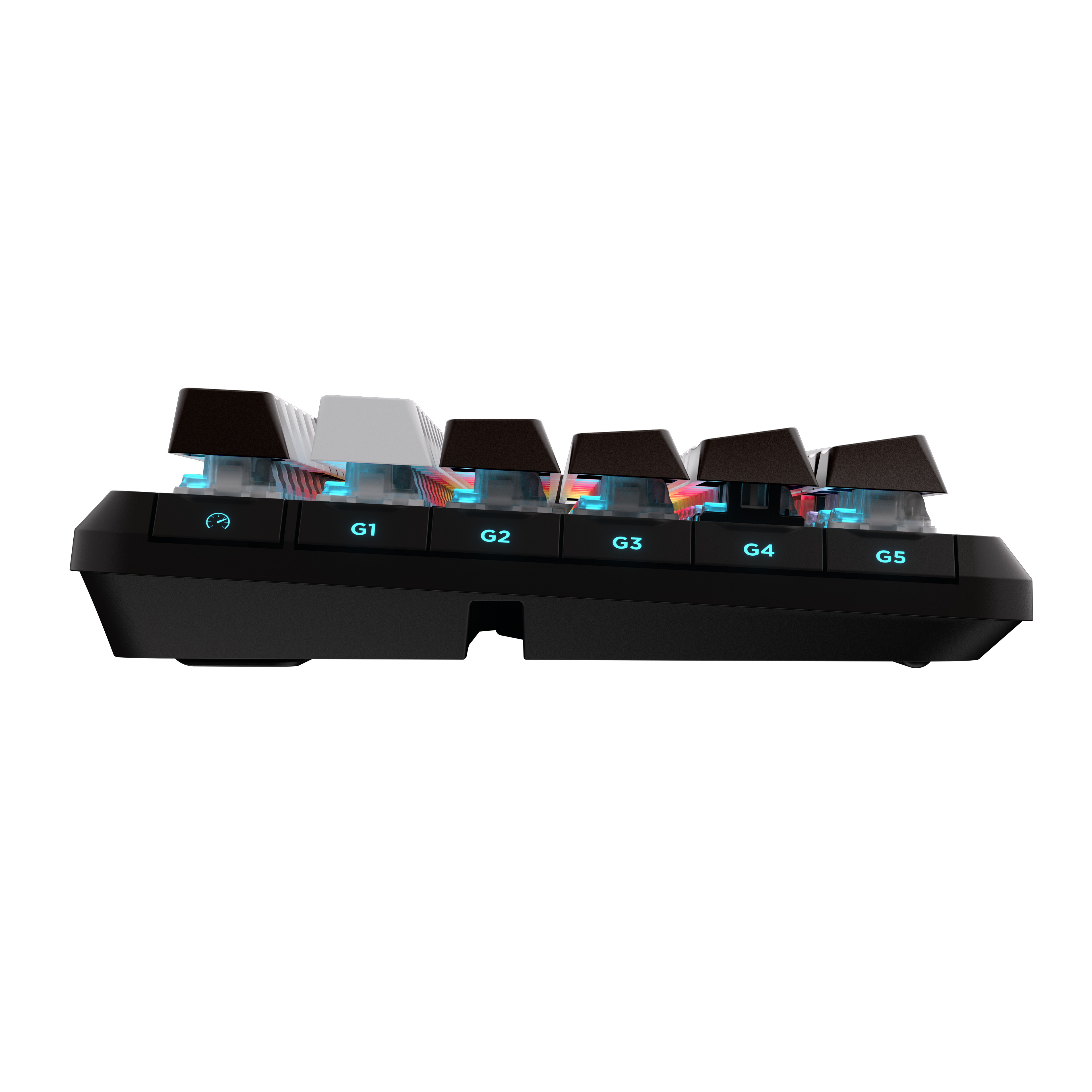 Seitenansicht einer schwarzen Tastatur mit beleuchteten Tasten und weißem Hintergrund.